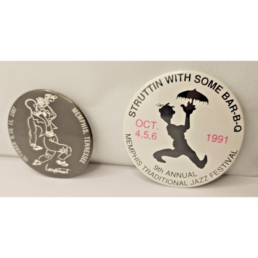 2 MEMPHIS JAZZ FESTIVAL BUTTONS Music pinbacks 1987 1991 Tennessee BBQ vintage